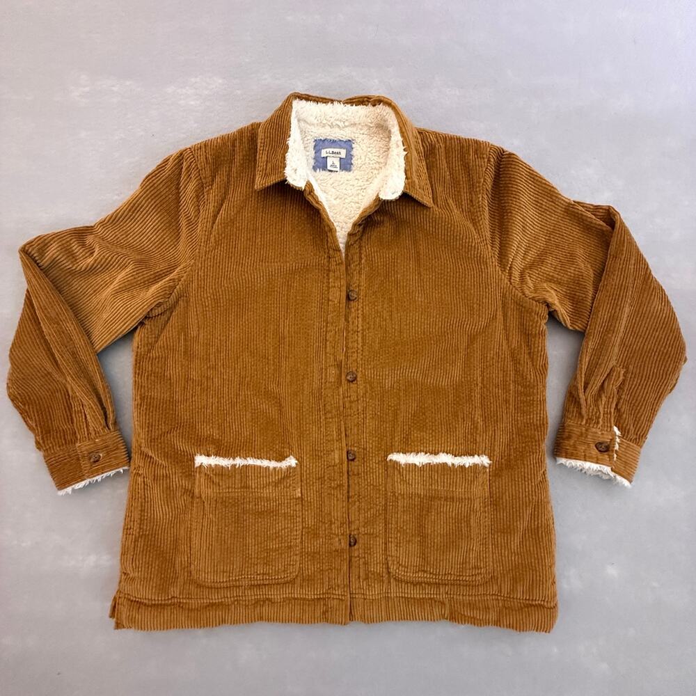 Womens LL Bean corduroy sherpa lined shirt jacket - mustard gold chore size L